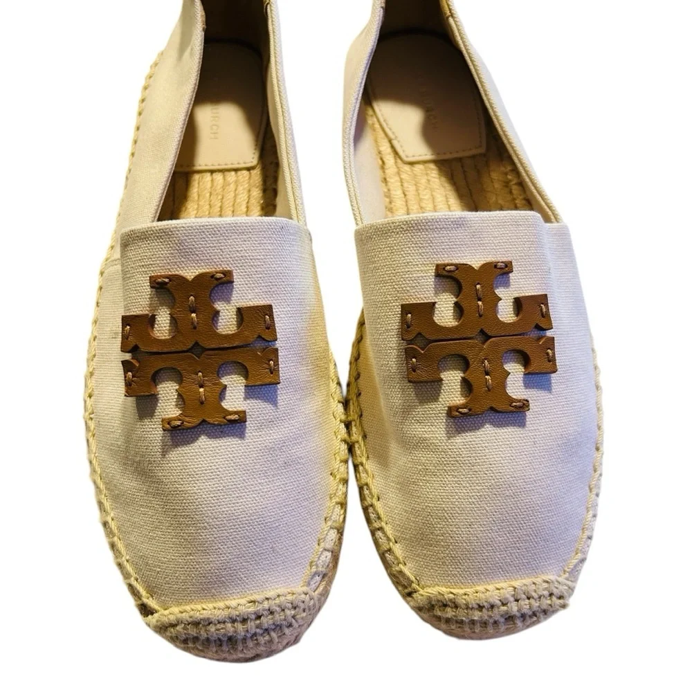Tory Burch Everly Canvas Espadrilles Double T Logo Jute Sole Comfy Size 8